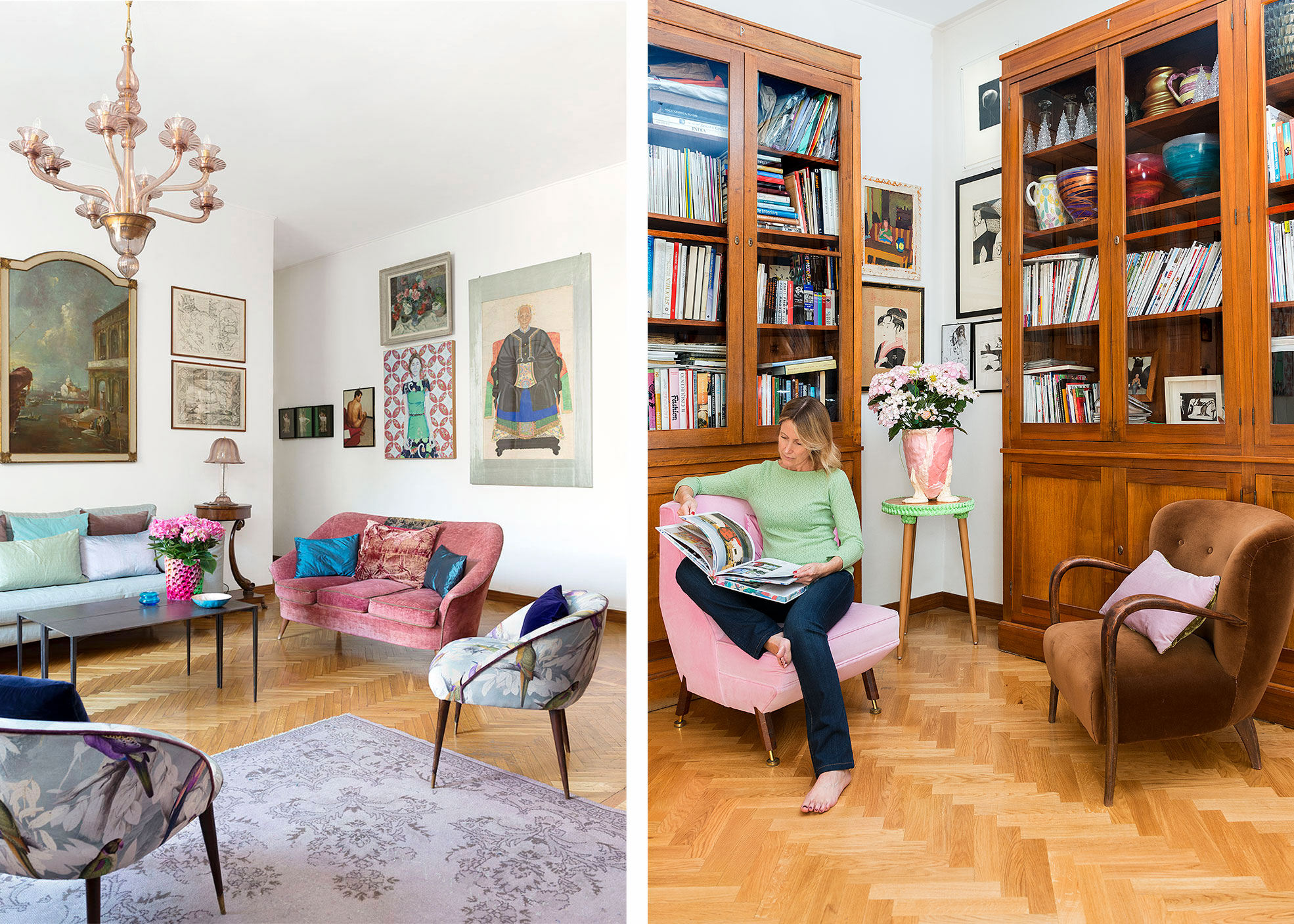 Elena Corner on a pink armchair in her living room Photographer Maria Teresa Furnari