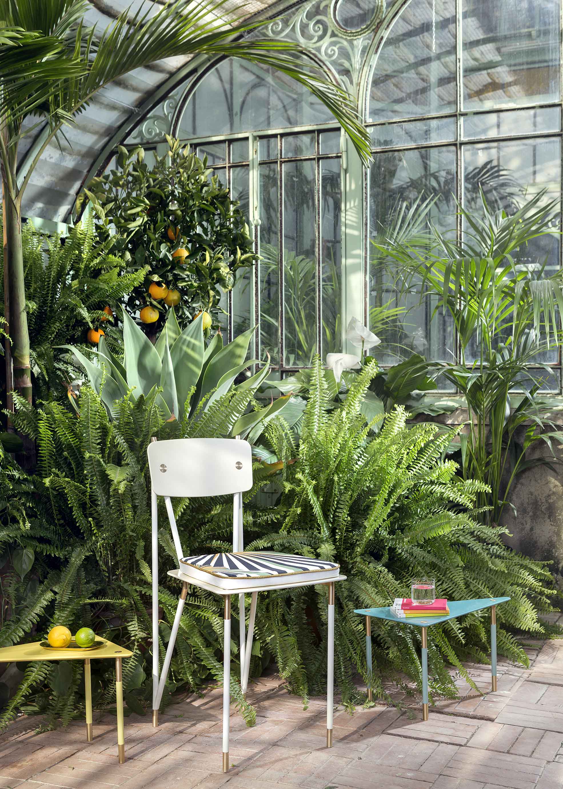 Chair and coffee tables of Aquiloni collection of the designer Derek Castiglioni shooted in a greenhouse for AD USA Photographer Maria Teresa Furnari