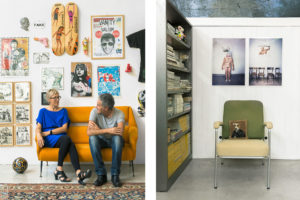 Portrait of Attilio and Paolo on a orange sofa in their home Cinema Flora Photographer Maria Teresa Furnari