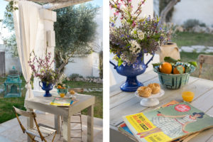 details of a table with flower a vintage magazine and oranges at Masseria Potenti Photographer Maria Teresa Furnari