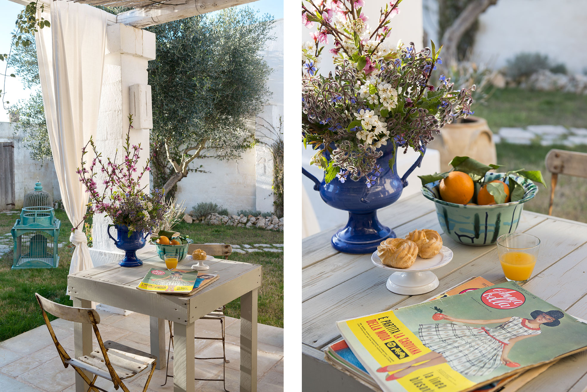 details of a table with flower a vintage magazine and oranges at Masseria Potenti Photographer Maria Teresa Furnari