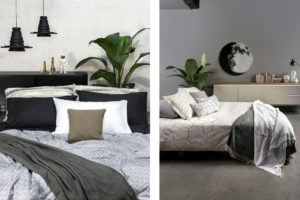 Bedroom with white sheets and grey blanket of Diesel Home Linen Collection Photographer Maria Teresa Furnari