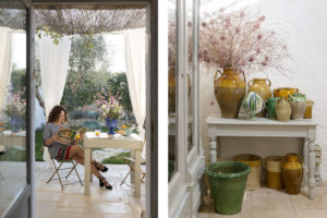 Maria Grazia reading in the garden of Masseria Potenti and detail of demijohn at Masseria Potenti