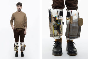 n with objects on his legs, the picture is part of Wearable Homes a design project by Denise Bonapace