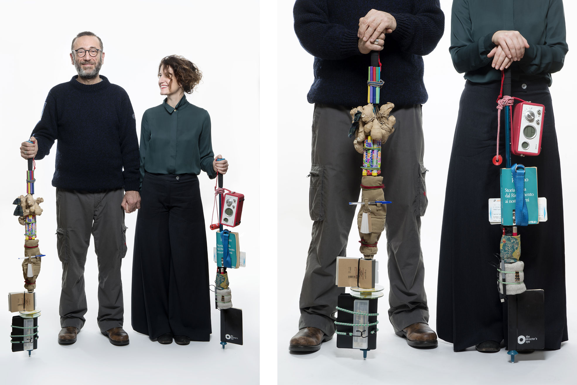 Photo of a couple with objects on their arms, the picture is part of Wearable Homes a design project by Denise Bonapace