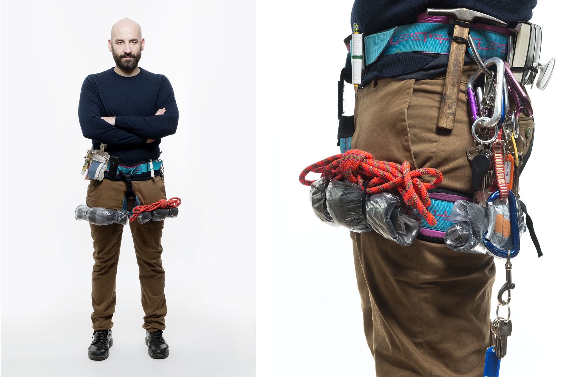 Photo of a man with objects on his waist, the picture is part of Wearable Homes a design project by Denise Bonapace