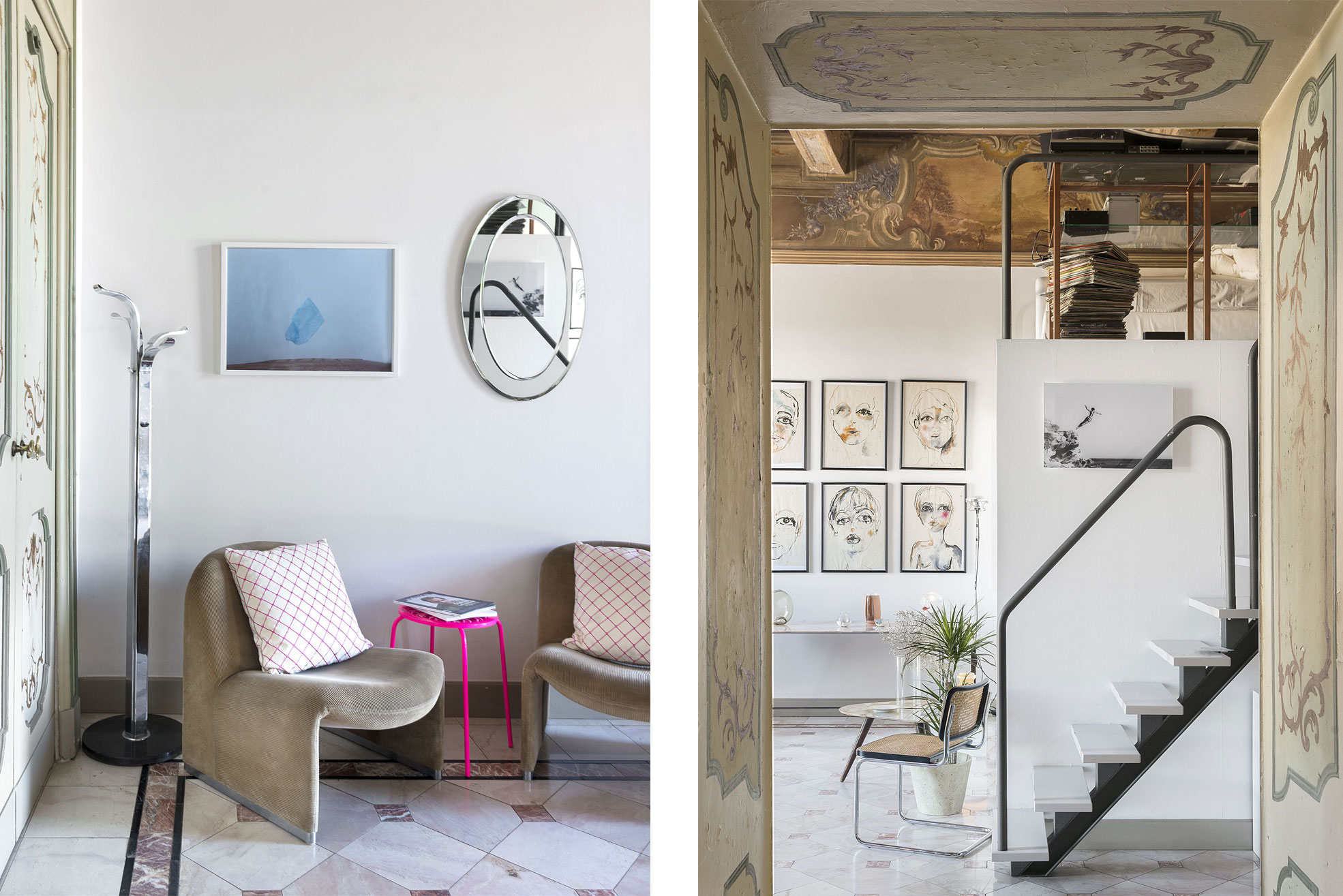 Stairs and artworks in Casa Canvas, a gallery for young designers created