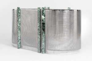 Metal Vase large size with green marble design by Derek Castiglioni Photographer Maria Teresa Furnari