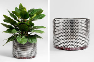 Metal Vase medium size with red marble design by Derek Castiglioni Photographer Maria Teresa Furnari